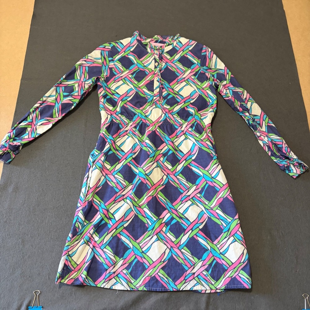 Lilly Pulitzer Lattice Print Dress Girls Size 12 Navy Blue Pink Green Prep Core